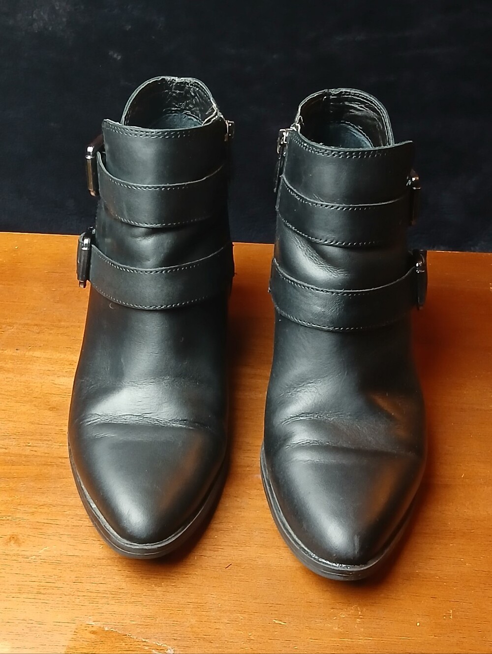 Franco Sarto Black Leather Pointed Ankle Boots with Buckle Straps
